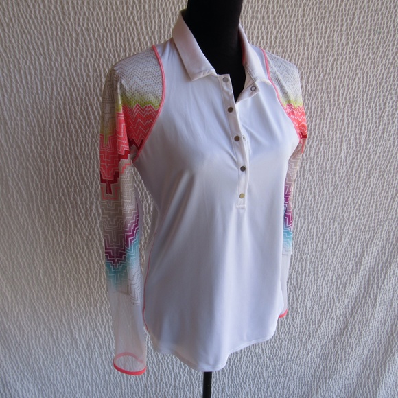 Lucky in Love Womens Top L Pullover White Colorful Golf Pickeball Art Snaps - Picture 7 of 12